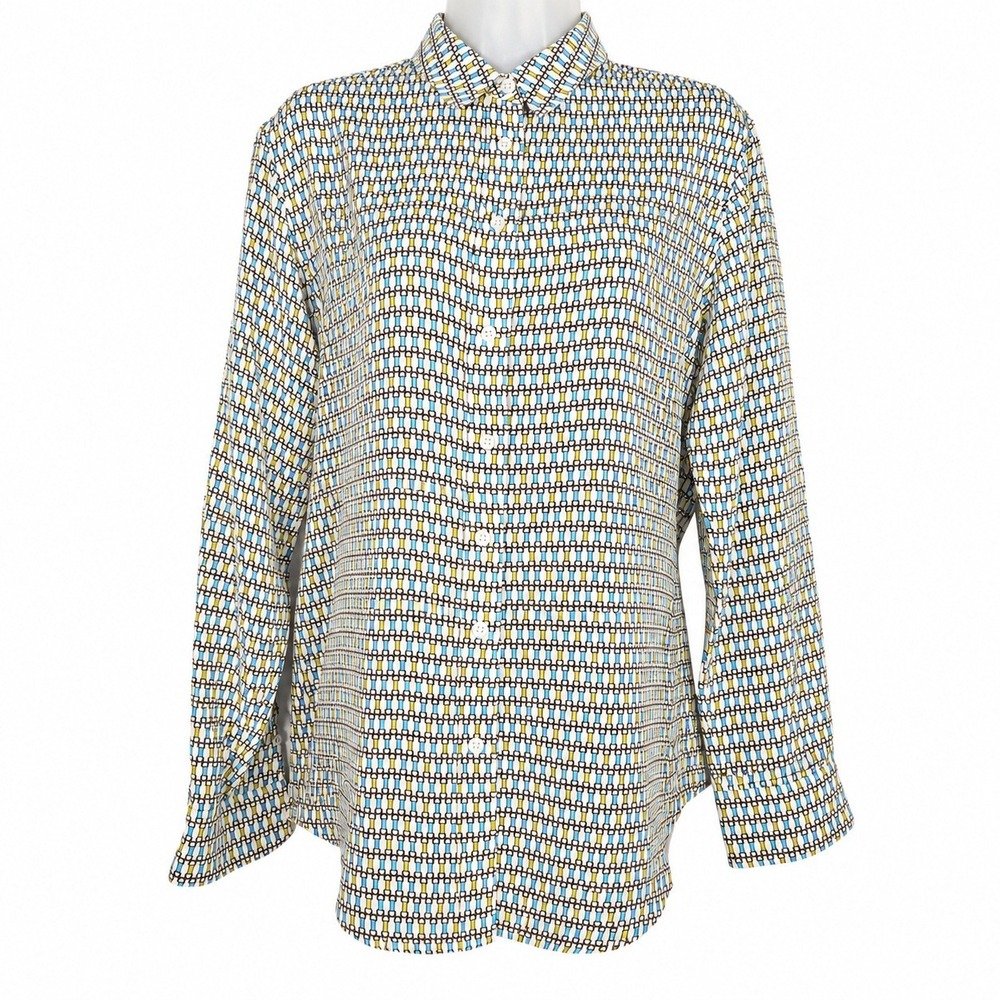 J.McLaughlin Top Women S Blue Silk Link Print Button Up Equestrian Luxury Office